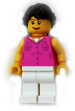 LEGO cty0181 Dark Pink Vest and Heart Necklace, White Legs, Dark Brown Hair Ponytail Long French Braided