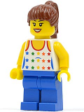 LEGO cty0233a Shirt with Female Rainbow Stars Pattern, Blue Legs, Reddish Brown Ponytail Hair, Black Eyebrows