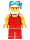 LEGO game010 Red Female Top with 2 White Buttons and Black Straps, Red Legs, White Helmet, Scuba Mask, Peach Lips, Open Mouth Smile