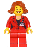 LEGO game011 Press Woman / Reporter - Red Legs, Dark Orange Short Hair Swept Sideways, Peach Lips, Open Mouth Smile