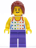 LEGO gen060 Shirt with Female Rainbow Stars Pattern, Dark Purple Legs, Dark Red Hair Ponytail Long with Side Bangs (4000014)