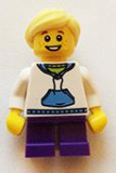 LEGO hol043 White Hoodie with Blue Pockets, Dark Purple Short Legs, Bright Light Yellow Hair (850939 Girl)
