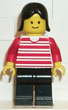 LEGO hor005 Horizontal Lines Red - Red Arms - Black Legs, Black Female Hair
