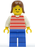 LEGO hor006 Horizontal Lines Red - White Arms - Blue Legs, Brown Female Hair
