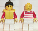 LEGO hor022 Horizontal Lines Red - Red Arms - White Legs, Black Ponytail Hair, Life Jacket