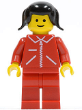 LEGO jred017 Jacket Red with Zipper - Red Arms - Red Legs, Black Pigtails Hair