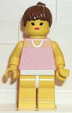 LEGO par011 Red Dots on Pink Shirt - Yellow Legs, Brown Ponytail Hair