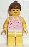 LEGO par017 Red Dots on Pink Shirt - Yellow Legs, Brown Ponytail Hair, Open Mouth