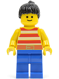 LEGO par043 Red / White Stripes Shirt, Blue Legs, Black Ponytail Hair