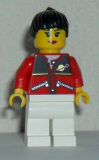 LEGO twn056a Red Jacket with Zipper Pockets and Classic Space Logo, White Legs, Black Female Ponytail Hair, Black Eyebrows (10199 alternate)