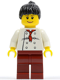 LEGO twn066 Chef - White Torso with 8 Buttons, Dark Red Legs, Black Ponytail Hair (10184)