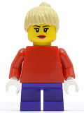LEGO twn090a Plain Red Torso with Red Arms, Dark Purple Short Legs, Tan Female Ponytail Hair, Black Eyebrows (10199 alternate)