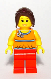LEGO twn098 Orange Halter Top with Medium Blue Trim and Flowers Pattern, Red Legs, Dark Brown Hair Ponytail Long with Side Bangs (5508)