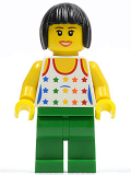 LEGO twn110 Shirt with Female Rainbow Stars Pattern, Green Legs, Black Bob Cut Hair