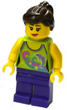 LEGO twn227 Female Lime Halter Top with Dolphin Pattern, Dark Purple Legs, Dark Brown Ponytail and Swept Sideways Fringe, Pink Lips