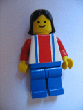LEGO ver017 Vertical Lines Red & Blue - Red Arms - Blue Legs, Black Female Hair